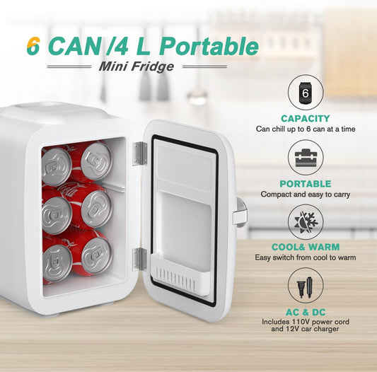Mini Fridge, 4 Liter/6 Can Portable Cooler and Warmer Personal Refrigerator for Skin Care, Cosmetics, Beverage, Food,Great for Bedroom, Office, Car, Dorm, ETL Listed (White)